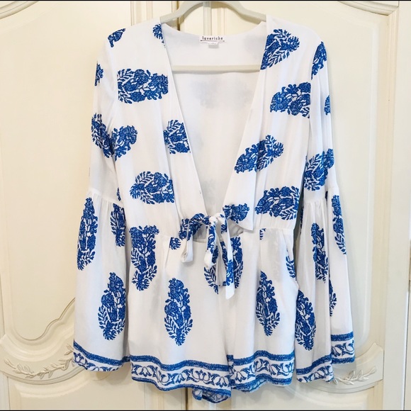 Plunge Neck Boho Summer Front Tie Romper in Royal Blue & White - Picture 1 of 4